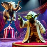 A calm green figure conducting beneath a circus elephant