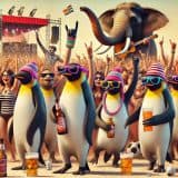 Penguins and an elephant celebrating together