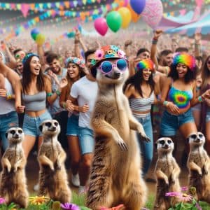 Meerkats celebrating together at a colourful party