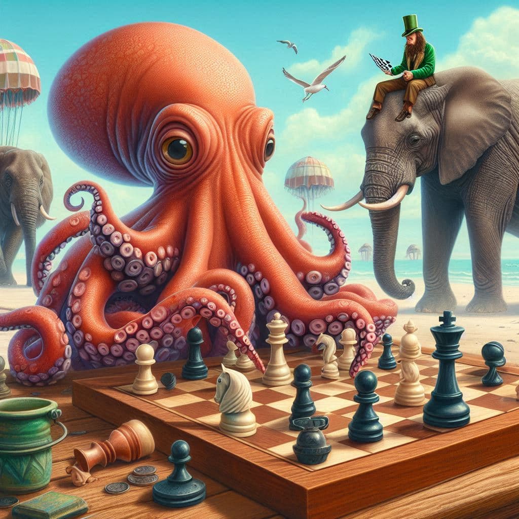 An octopus and elephants playing chess