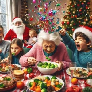 Christmas dinner with a party popper exploding above a grandmother eating sprouts