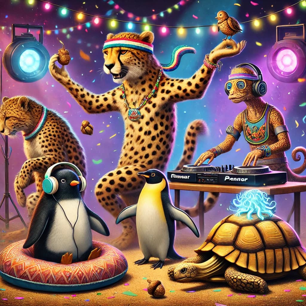 Festival animals celebrating together beneath colourful lights