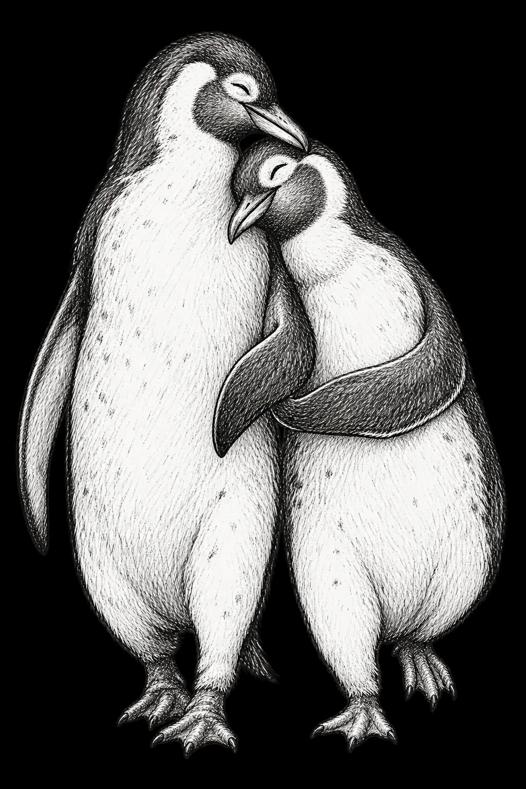 Hand-drawn penguins warmly embracing