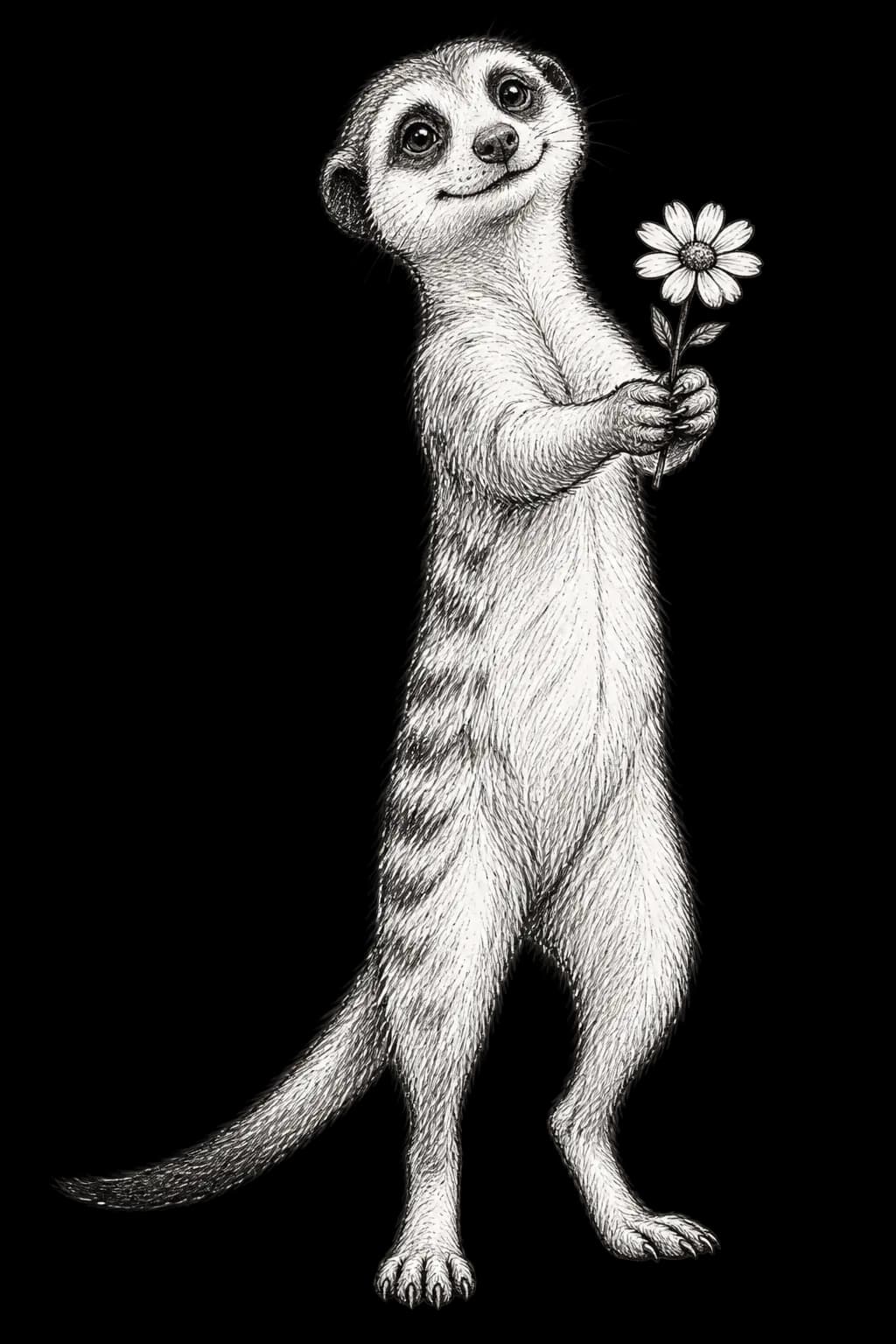 Hand-drawn meerkat offering a flower