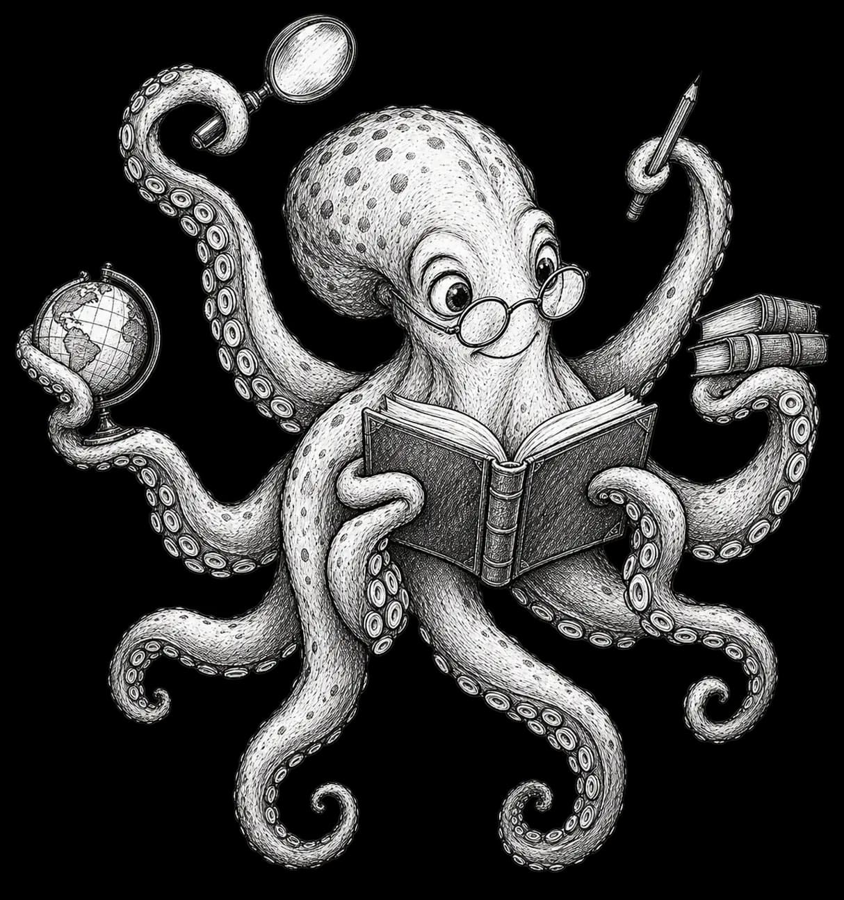 Hand-drawn octopus reading and exploring