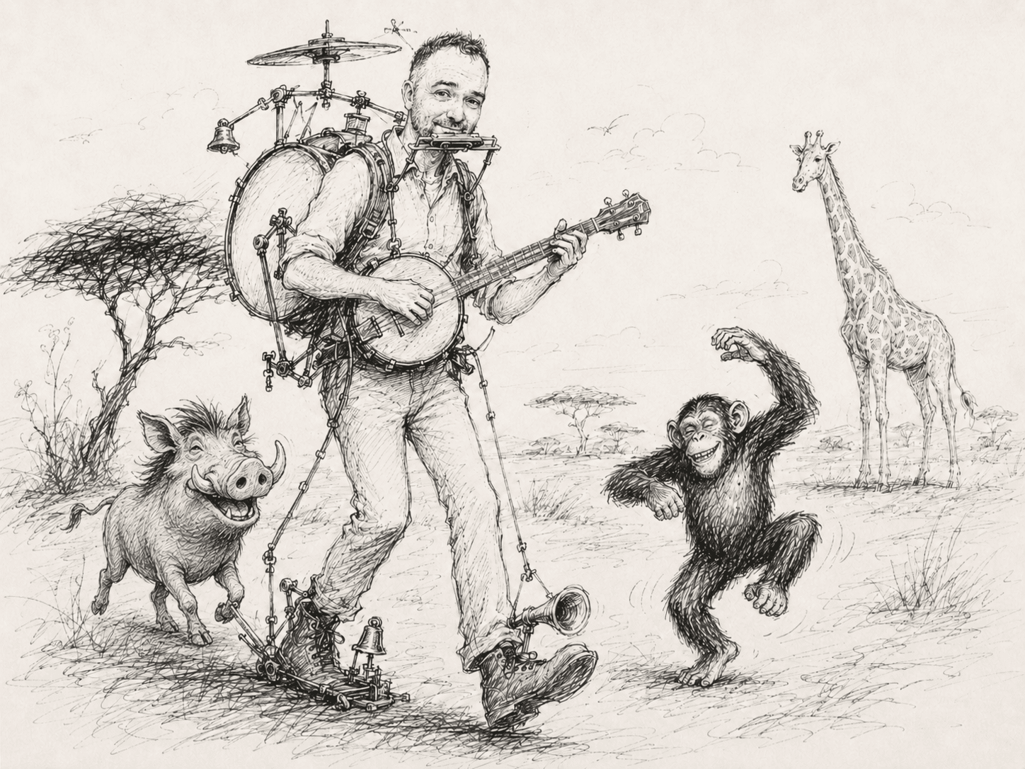 Whimsical hand-drawn scene of Marcus making music with animals