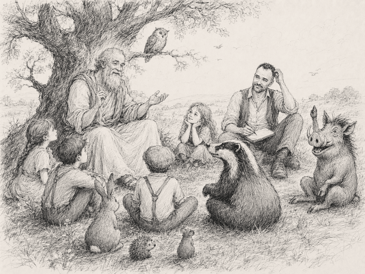 Hand-drawn scene of Marcus listening beneath a tree with children and animals